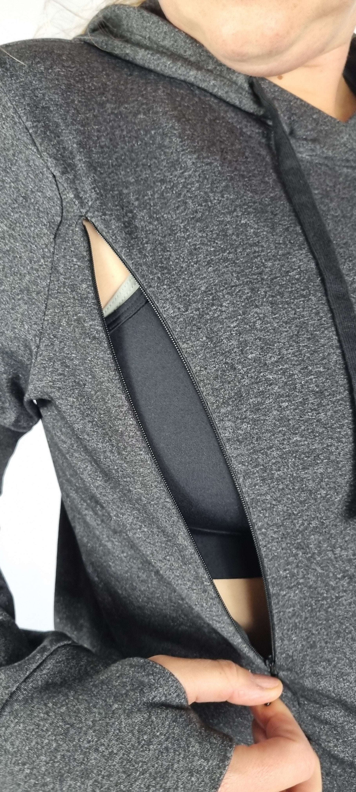 Close-up of side zip opening on charcoal marl Maternity Nursing Hoodie, revealing nursing bra for discreet breastfeeding access.