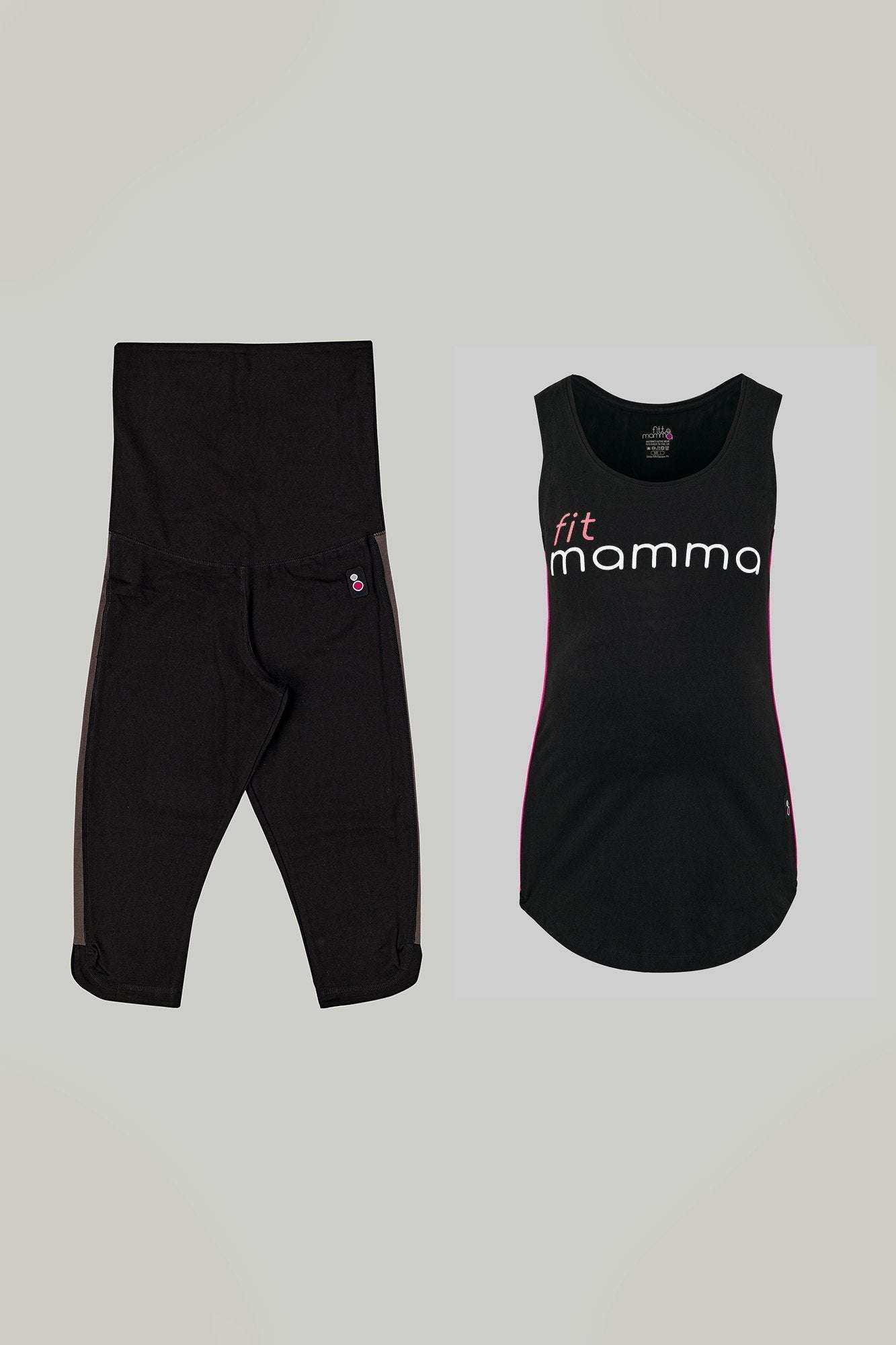 Fit Mamma Maternity Exercise Kit featuring black cropped maternity leggings and a black 'Fit Mamma' slogan tank top for pregnancy workouts.