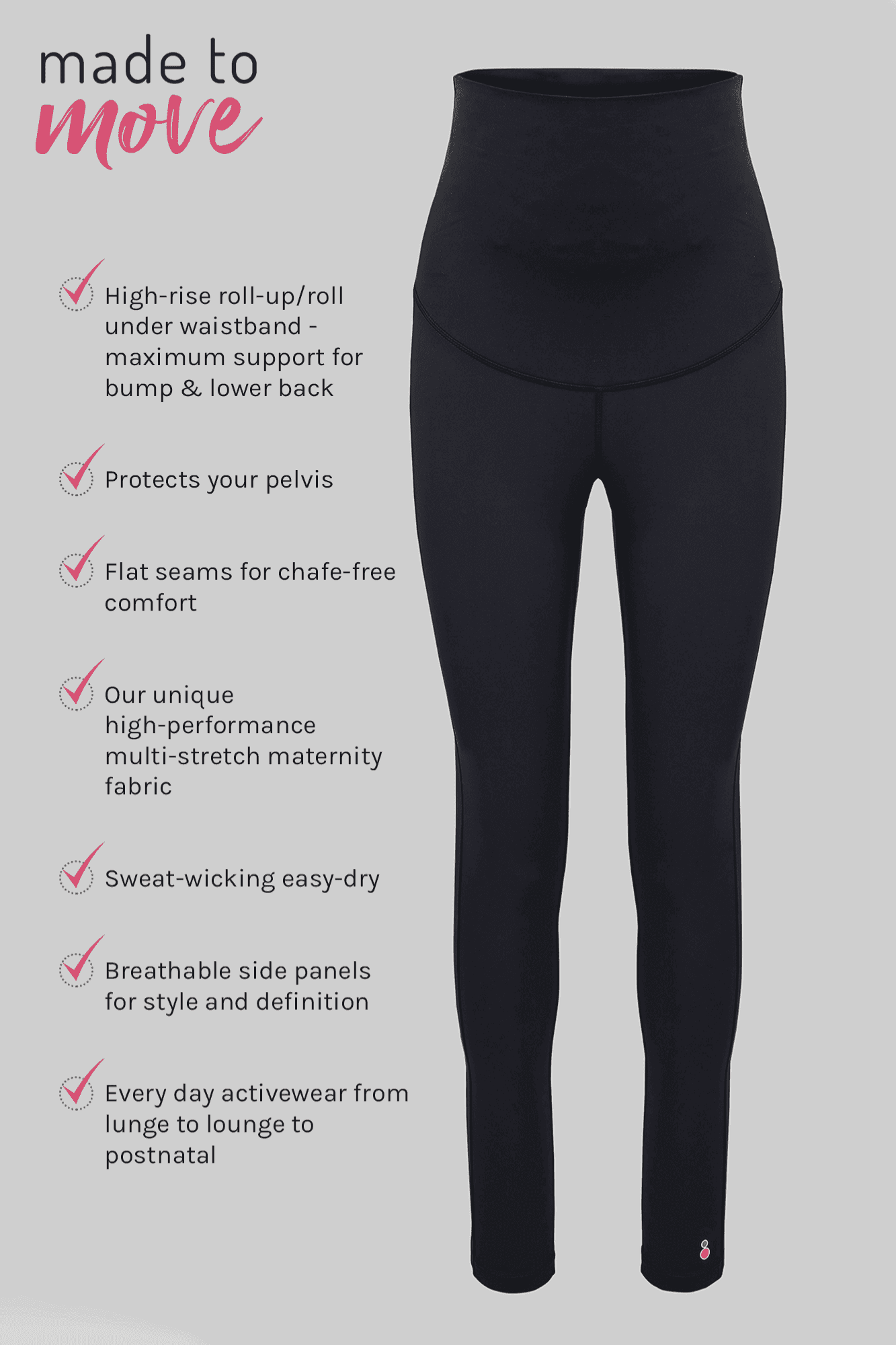 Product display of FittaMamma maternity activewear leggings with feature highlights like high-rise waistband and breathable panels.
