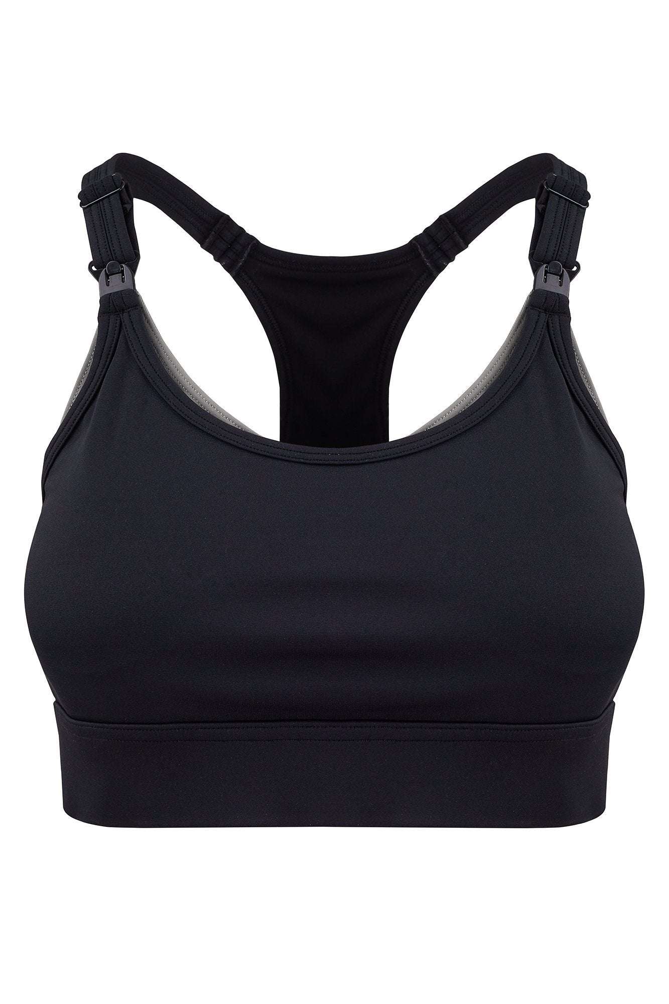 Product-only view of black High Impact Maternity and Feeding Sports Bra with racerback and clip-down nursing access, ideal for active mums.