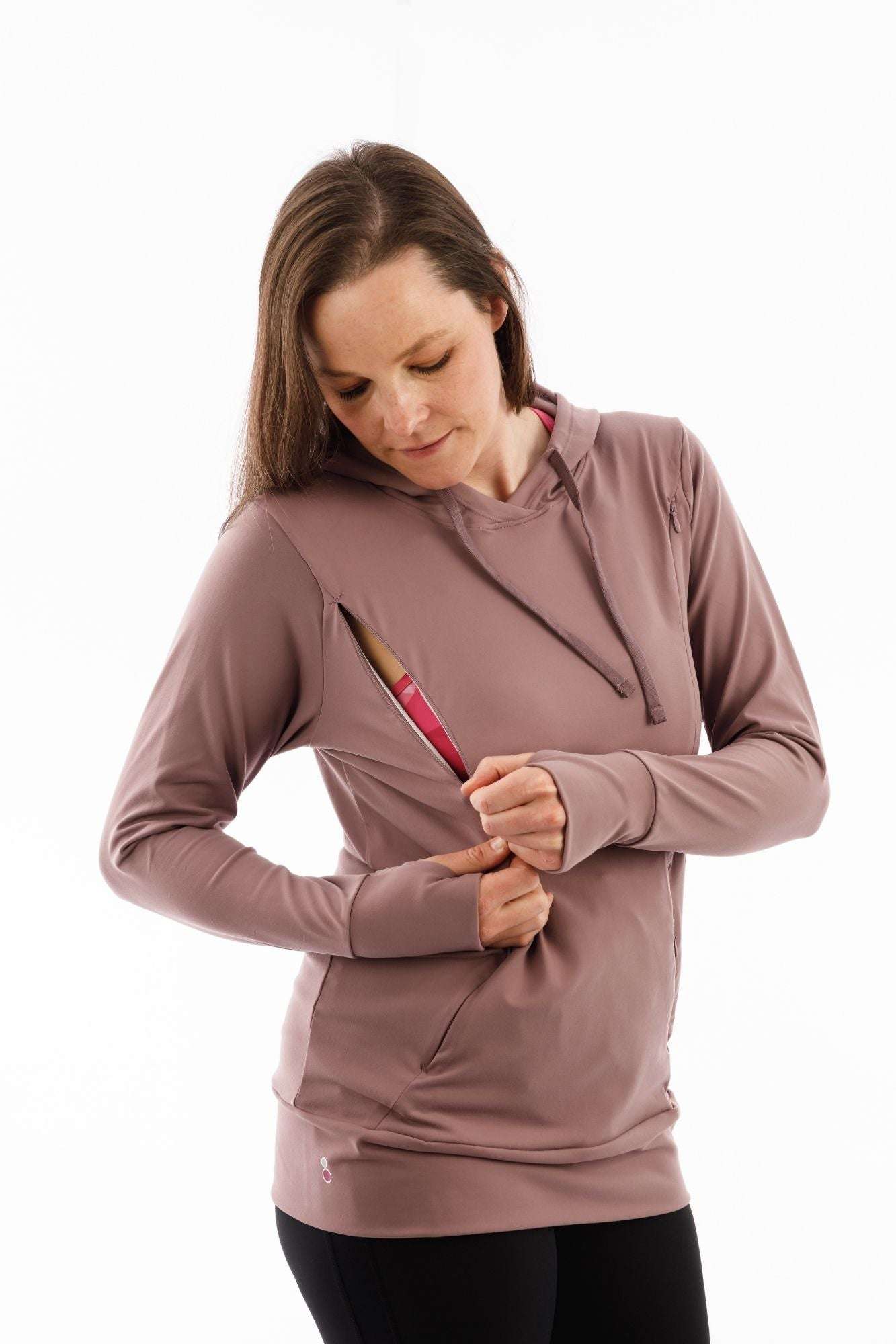 Luxe Maternity Hoodie dusty lavender with side zip nursing access, perfect for stylish and functional postpartum wear.