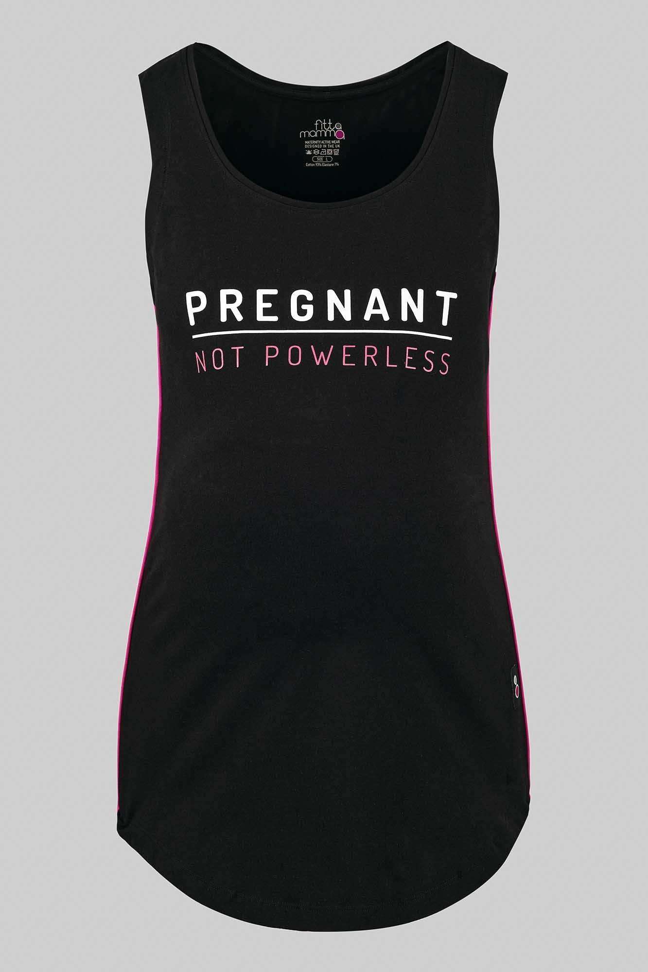 Close-up of the FittaMamma Pregnant Not Powerless Exercise Vest featuring bold slogan design, a must-have maternity activewear top.