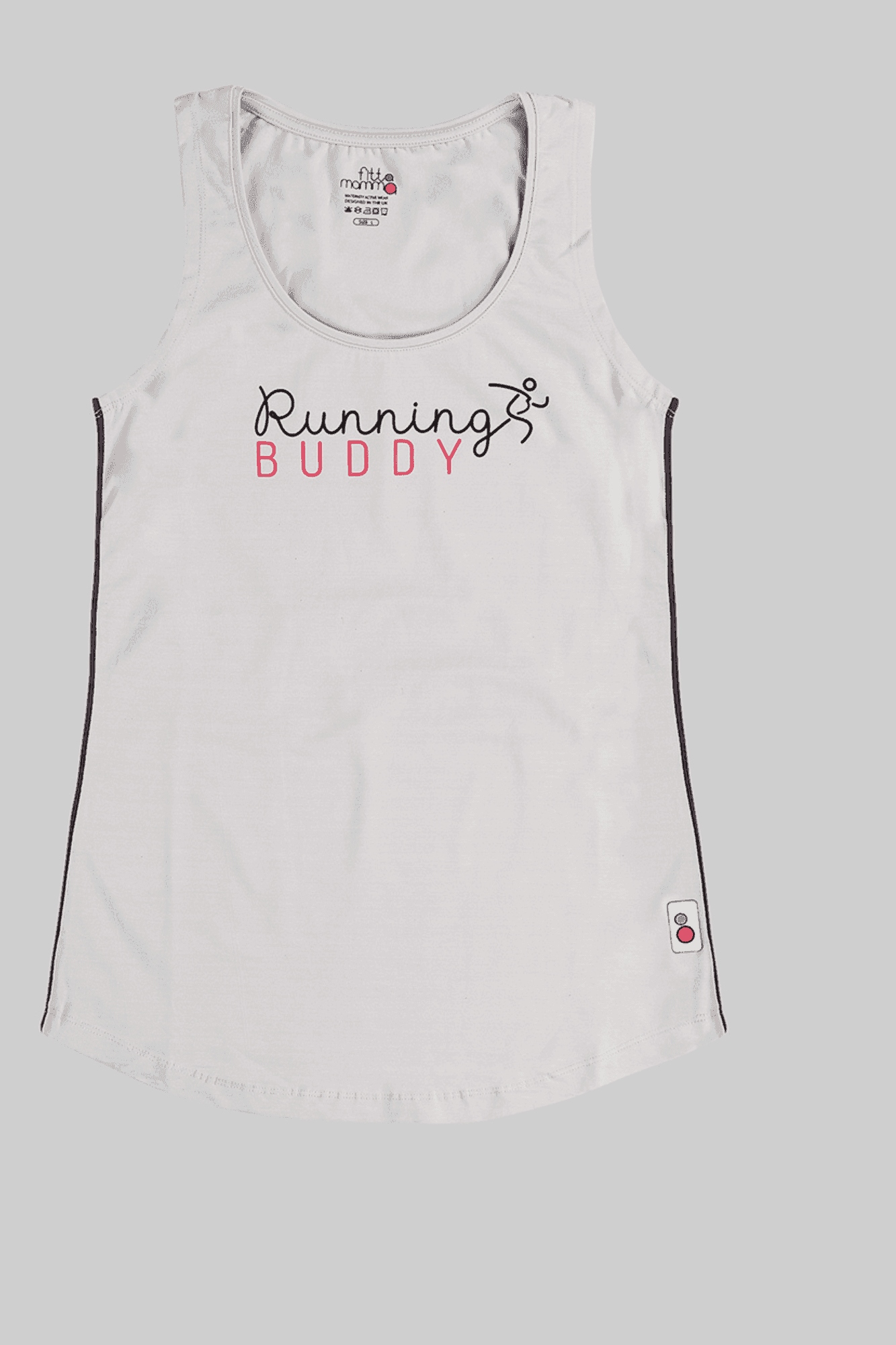 Flat lay of Running Buddy Maternity Running Vest in white with slogan print, designed for pregnancy and postnatal fitness. Breathable activewear top.