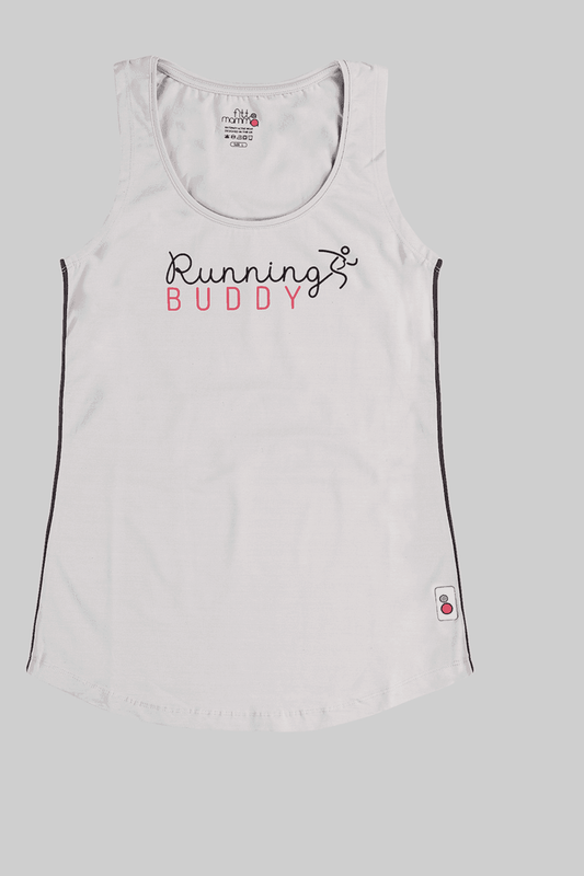 Flat lay of Running Buddy Maternity Running Vest in white with slogan print, designed for pregnancy and postnatal fitness. Breathable activewear top.