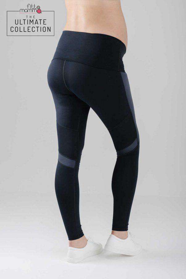 Back view of navy Ultimate Maternity Workout Leggings with dark blue panels, showcasing ergonomic fit and supportive waistband design.